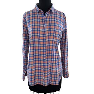 J.Crew Blue Pink Boy Flannel Shirt Cotton Plaid Collared Curved Button-Up Size 8